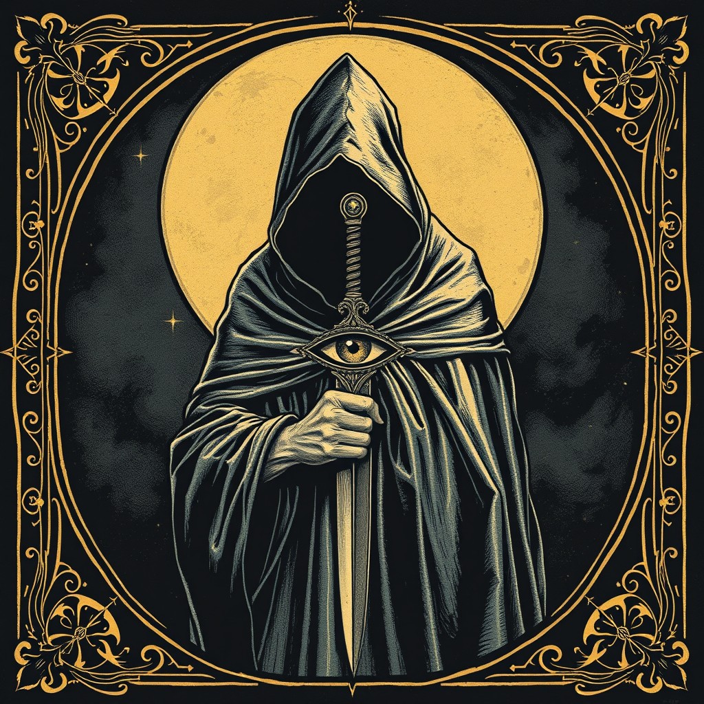 A mysterious figure draped in a shimmering moonlit silver cloak, standing in a darkened atmosphere