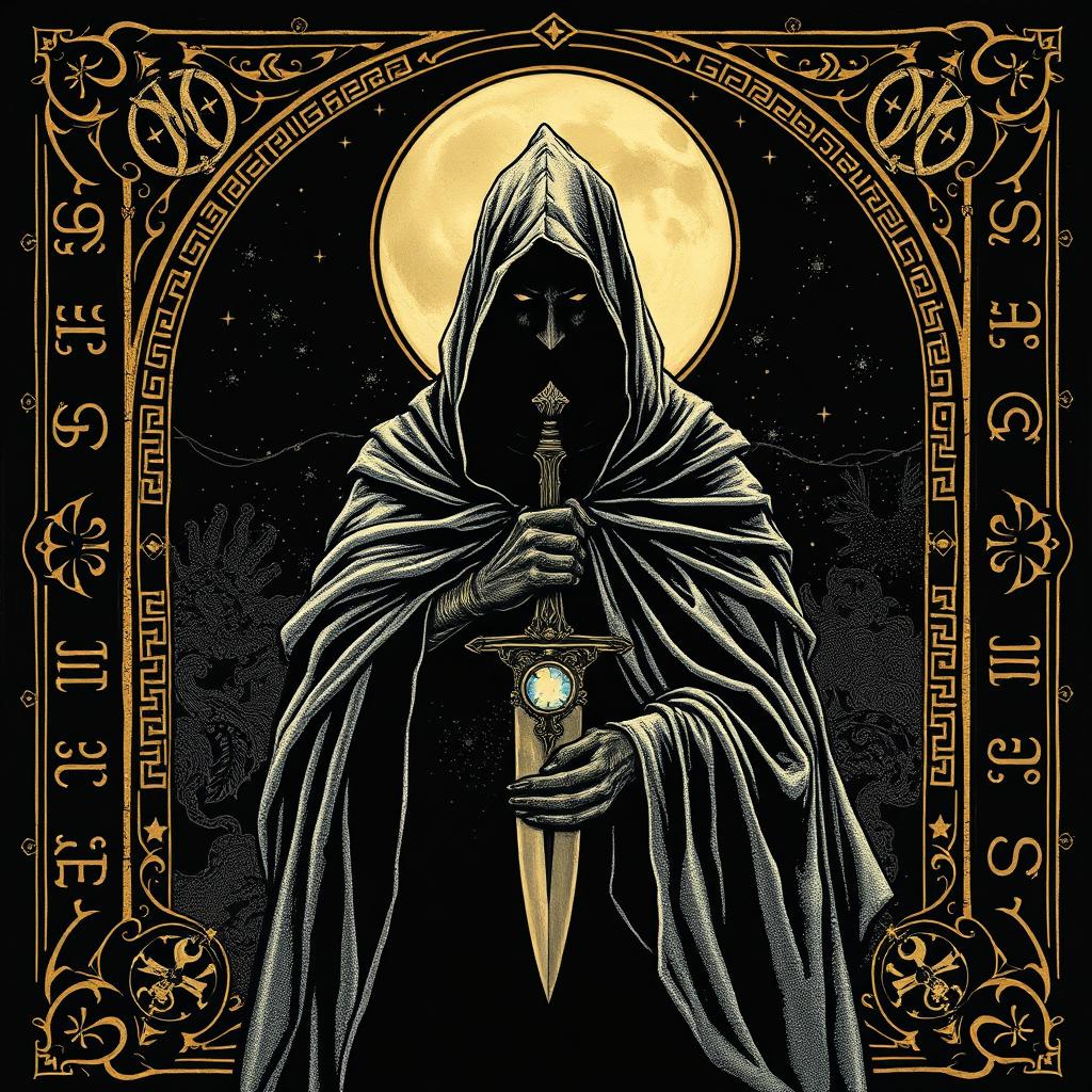 A mysterious figure draped in a shimmering moonlit silver cloak, holding a dagger with an eye-shaped gemstone that glistens in the dark
