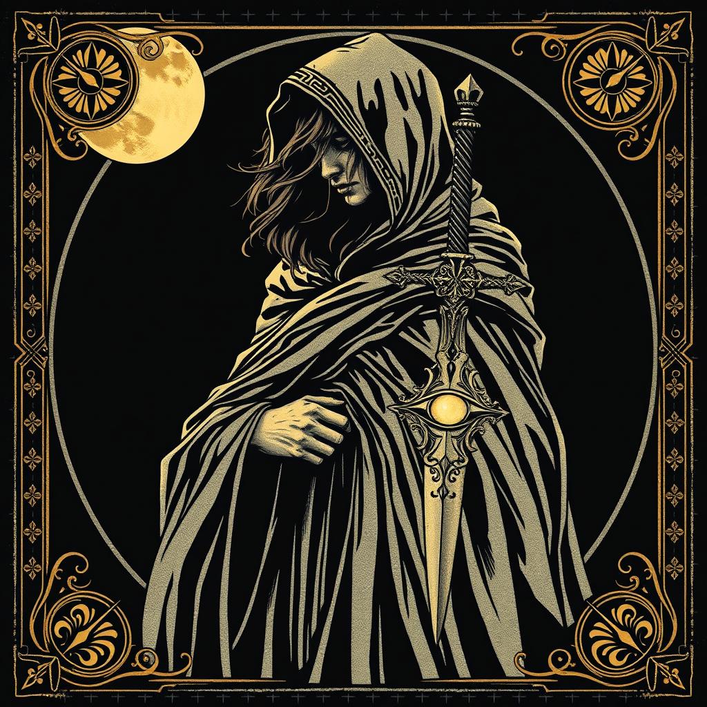 A captivating figure draped in a flowing moonlit silver cloak, holding an intricately designed dagger featuring an eye-shaped gemstone that reflects the ambient light
