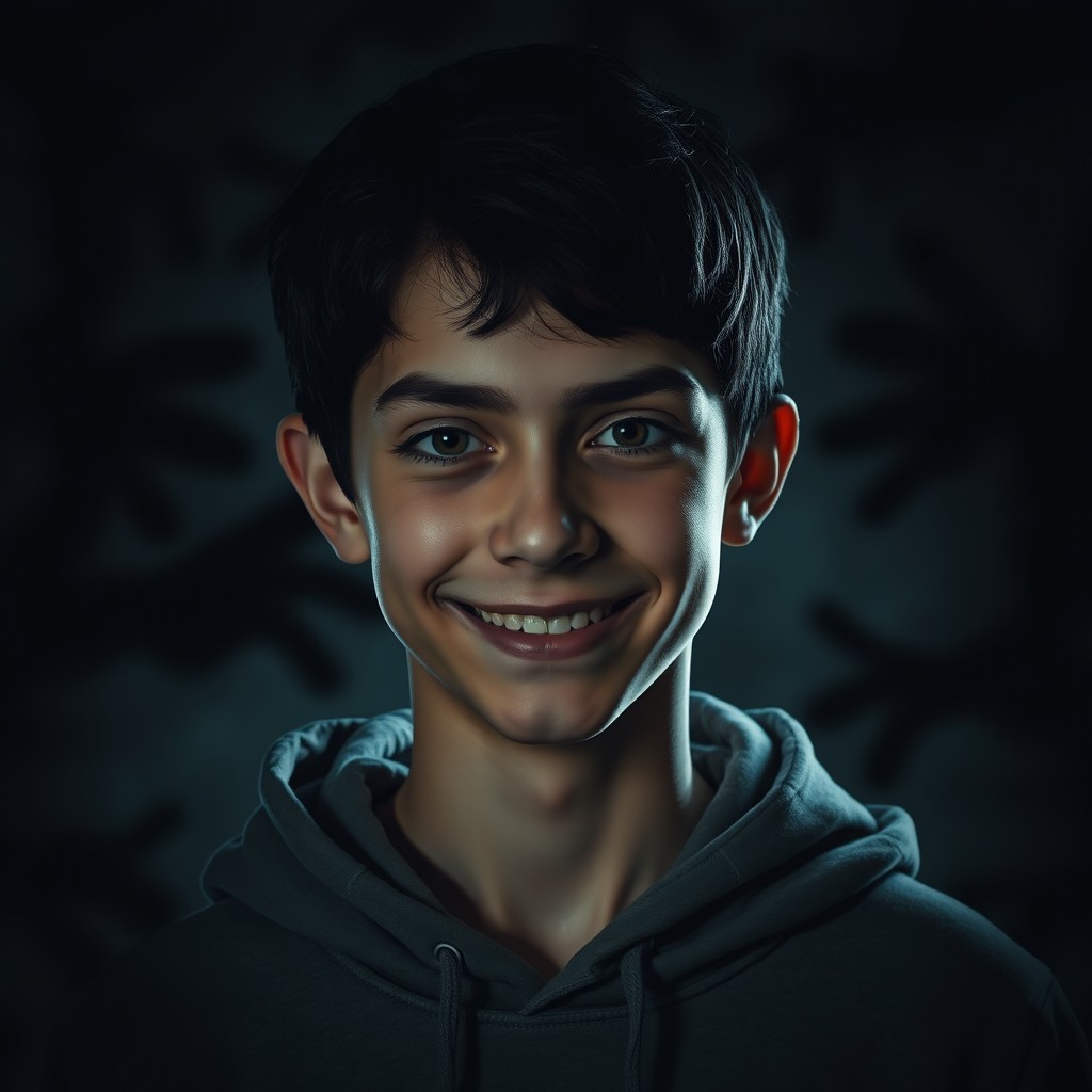 A teenage boy with a fake smile, conveying an unsettling expression