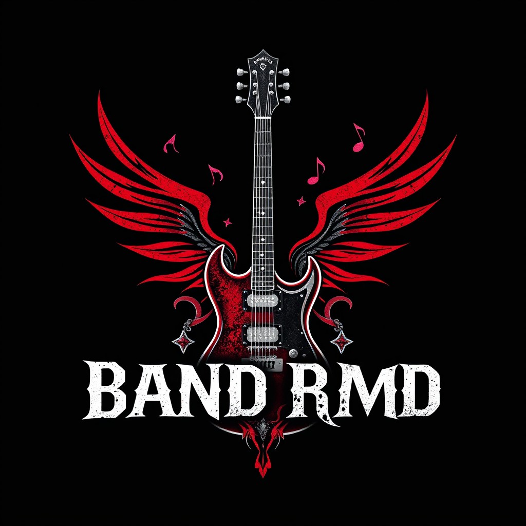 A distinctive and artistic band logo featuring a stylized representation of a guitar and musical notes incorporated into the design