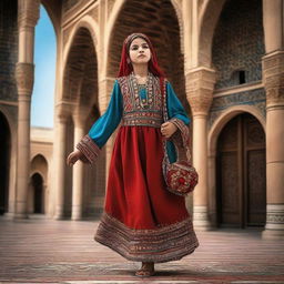 A dramatic scene of a towering Turkish girl graciously carrying a miniature human on her hand. She is adorned in vibrant traditional Turkish attire, adding a rich cultural touch to the image.