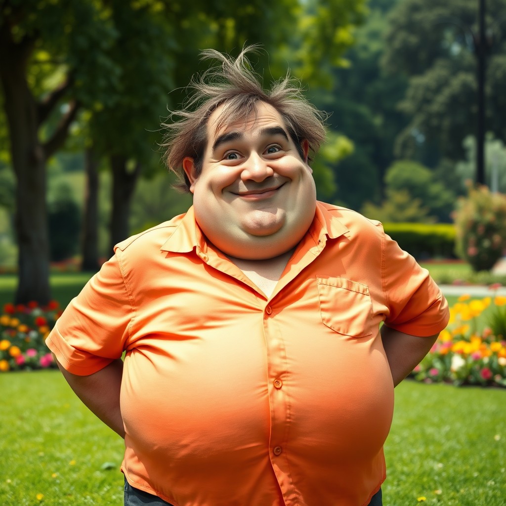 A depiction of a comically unattractive and overweight man, with exaggerated features such as a large belly, unkempt hair, and humorous facial expressions