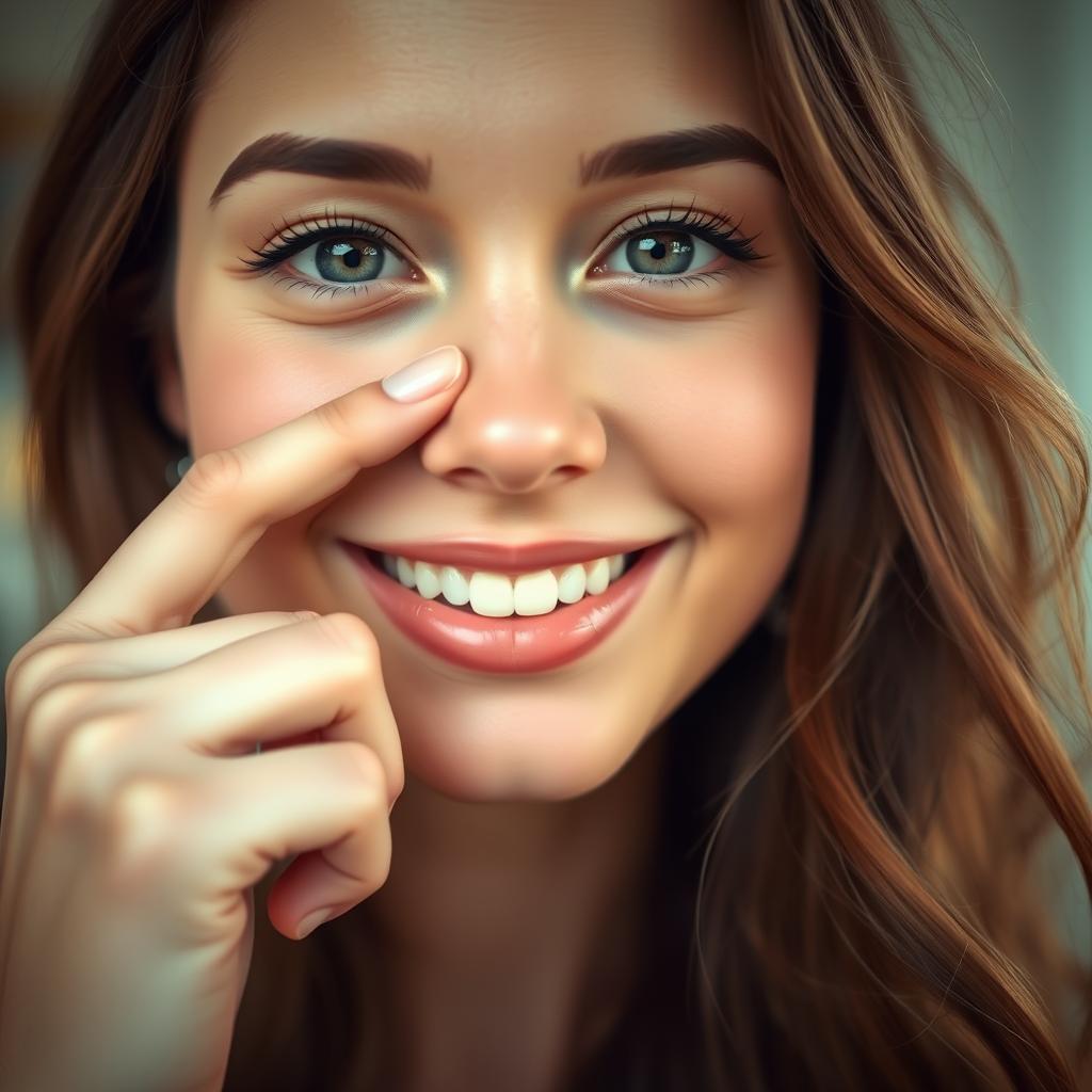 A close-up portrait of a woman with beautiful features, lightly touching the tip of her nose with her index finger