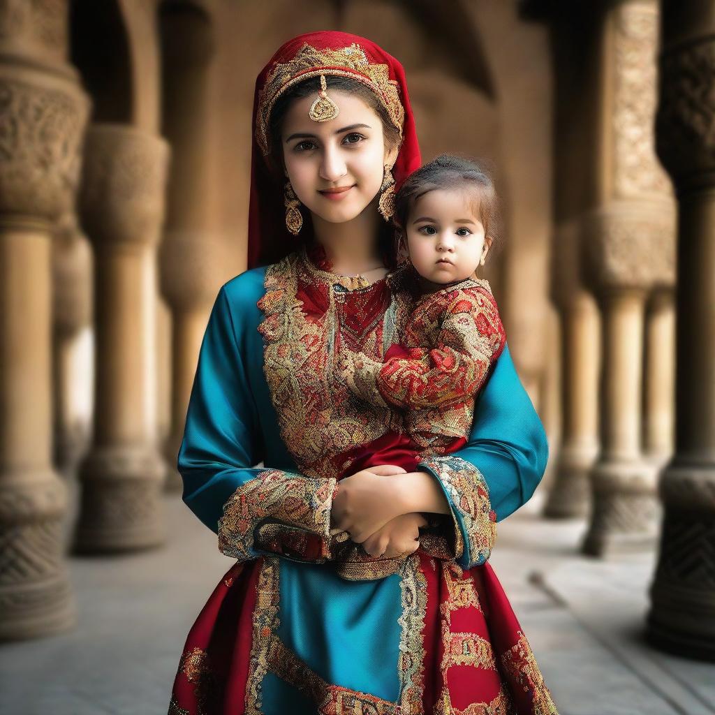 A dramatic scene of a towering Turkish girl graciously carrying a miniature human on her hand. She is adorned in vibrant traditional Turkish attire, adding a rich cultural touch to the image.