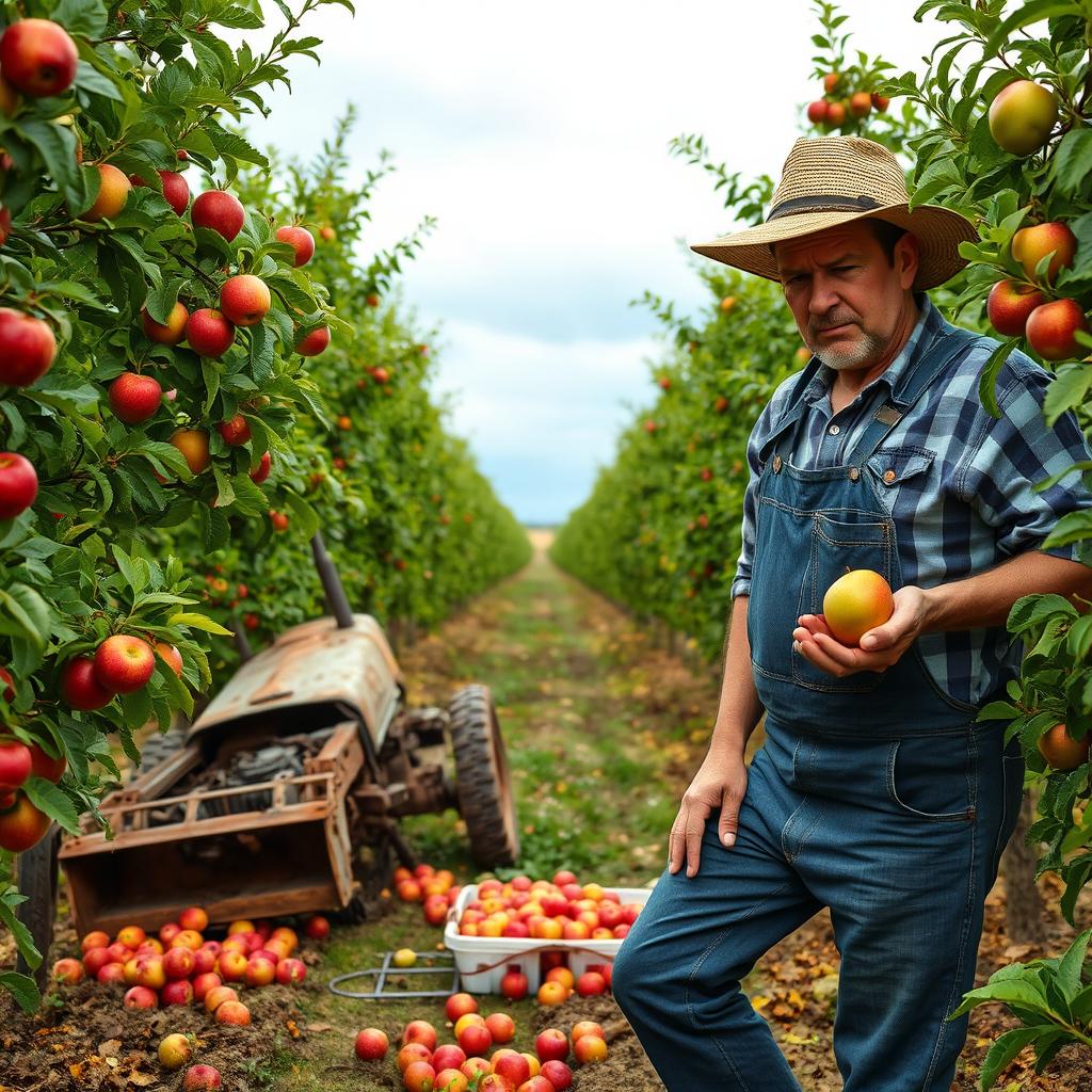 A distressed farmer harvesting apples in a lush orchard, showing signs of frustration as he picks fruit from the trees