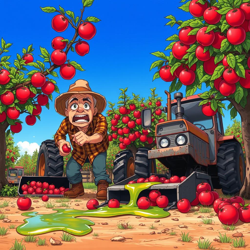 An anime style illustration featuring a frantic farmer harvesting apples, showing a mix of desperation and determination