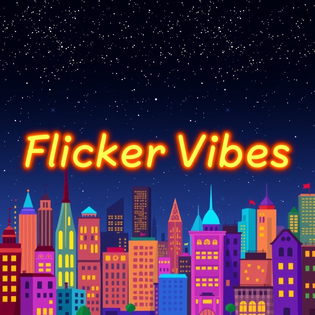 An animated, cartoony Pixar-style city skyline at night, featuring a vibrant and whimsical array of buildings with exaggerated shapes and colors