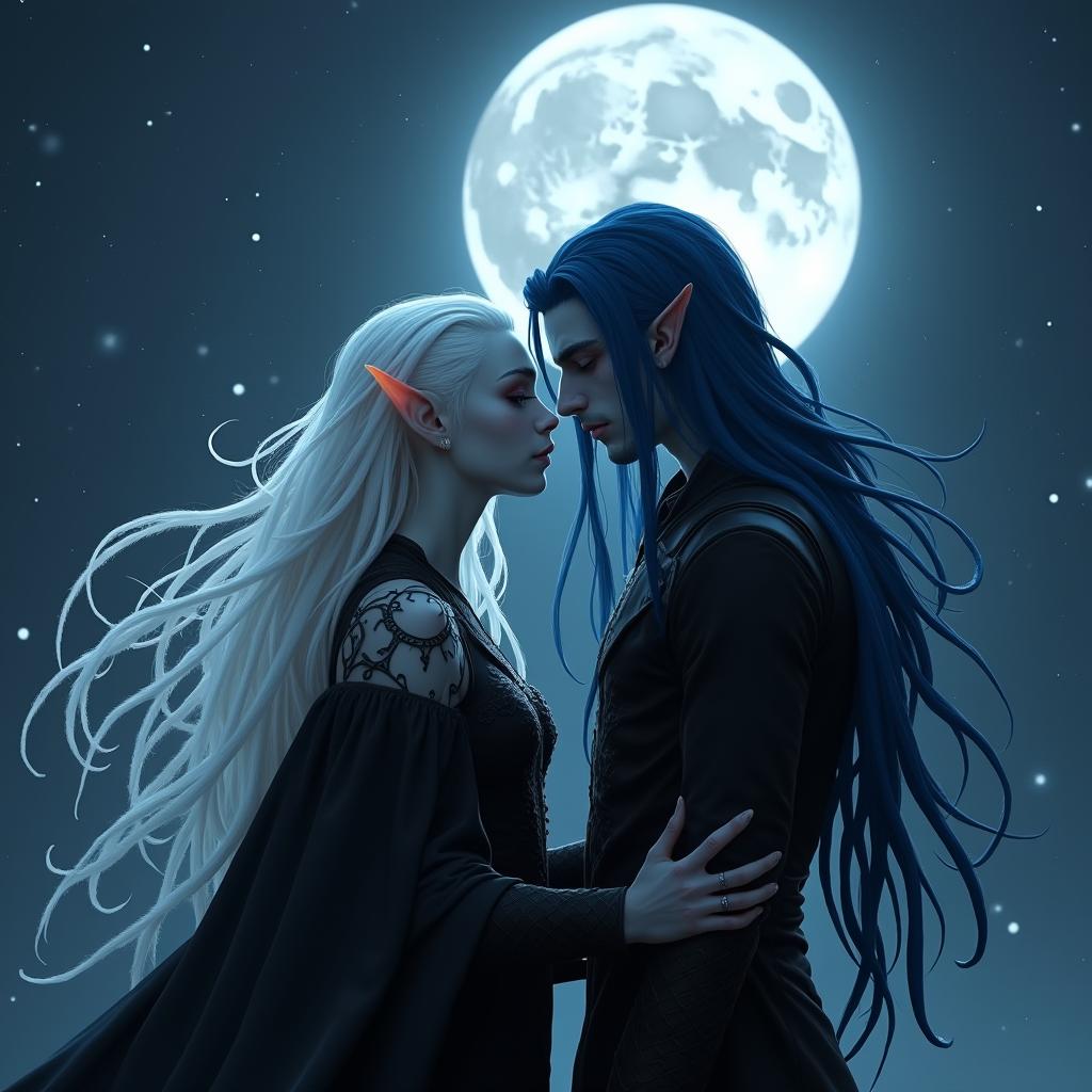 A female elf with striking white dreadlocks and colorless eyes, her skin as pale as the moon, dressed in elegant black clothing, standing under a luminous full moon