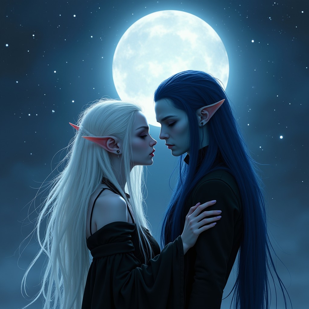 A female elf with striking white dreadlocks, her eyes completely colorless, and her skin as white as the moon, dressed in elegant black clothes, standing under a radiant full moon