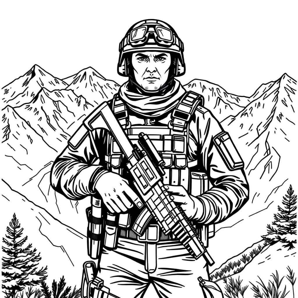 A modern Georgian soldier illustrated in detailed black and white line art, wearing a contemporary military uniform complete with tactical gear, helmet, and a rifle