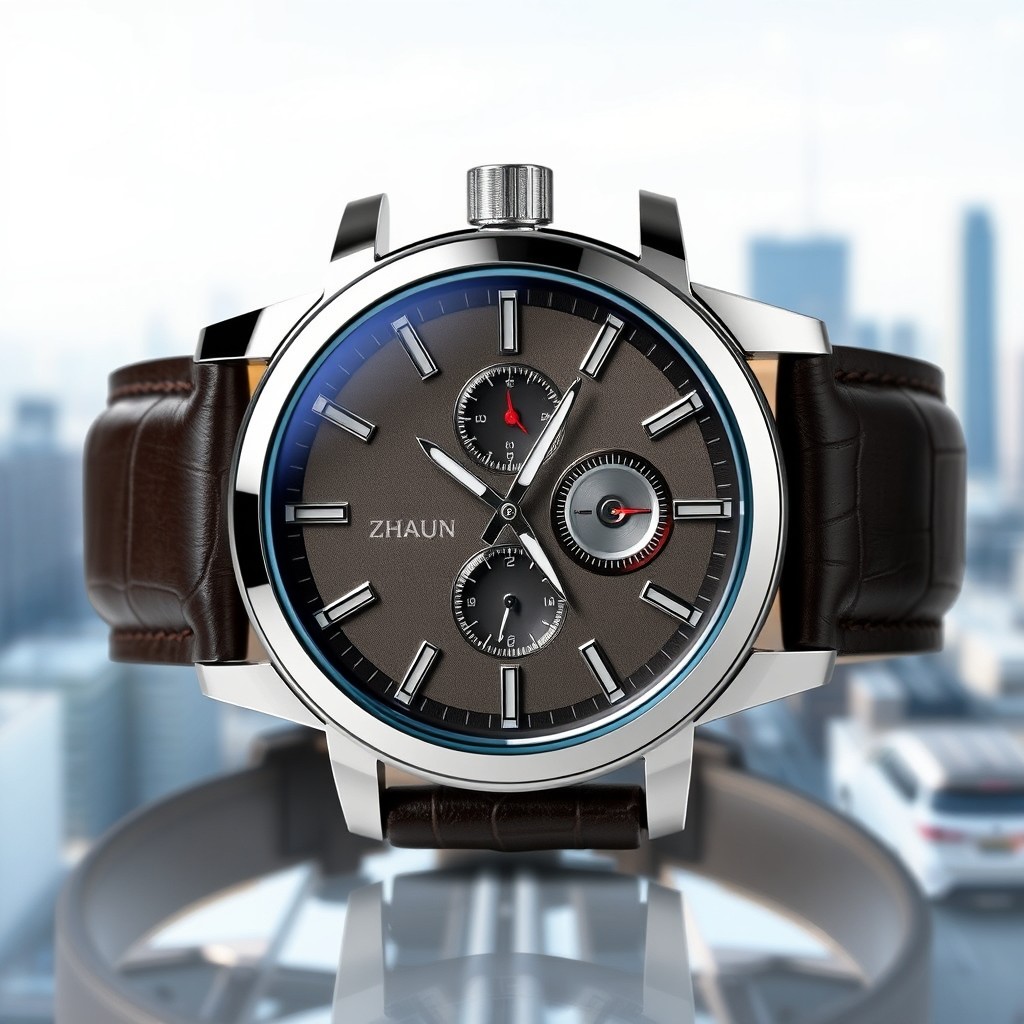 A stylish watch featuring the name 'Zhaun' prominently displayed on the dial