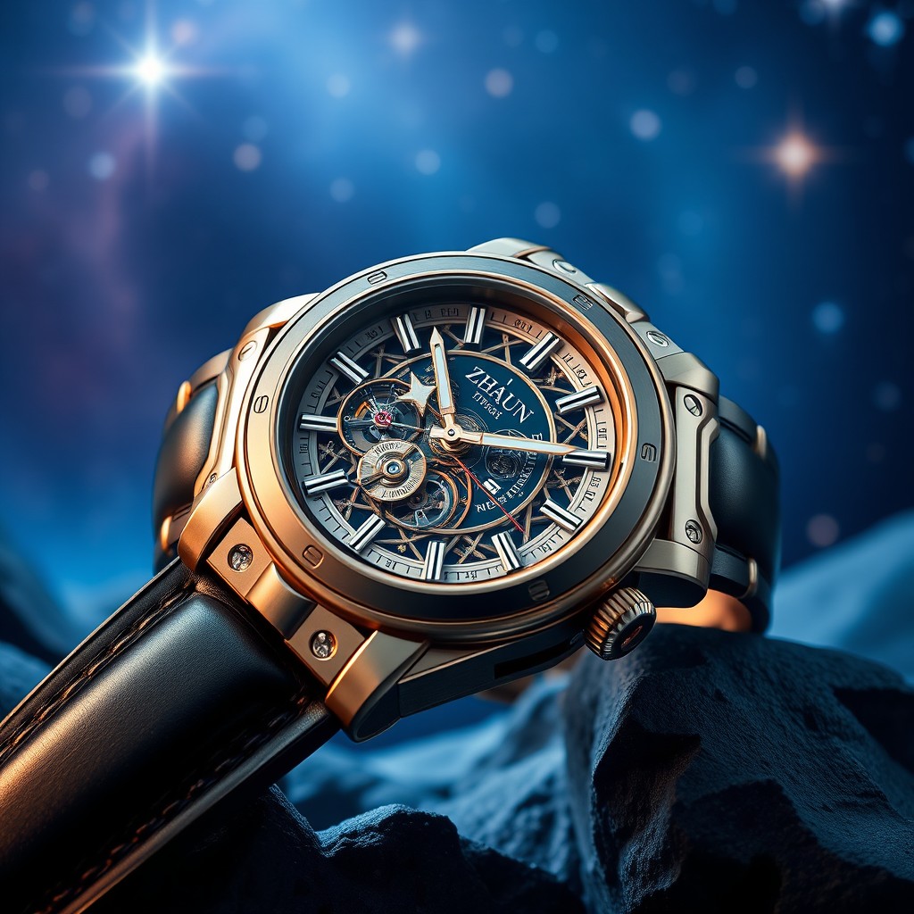 A stunning and luxurious watch brand display featuring an intricate watch design, the 'Zhaun Godlike' model, showcasing its exceptional craftsmanship