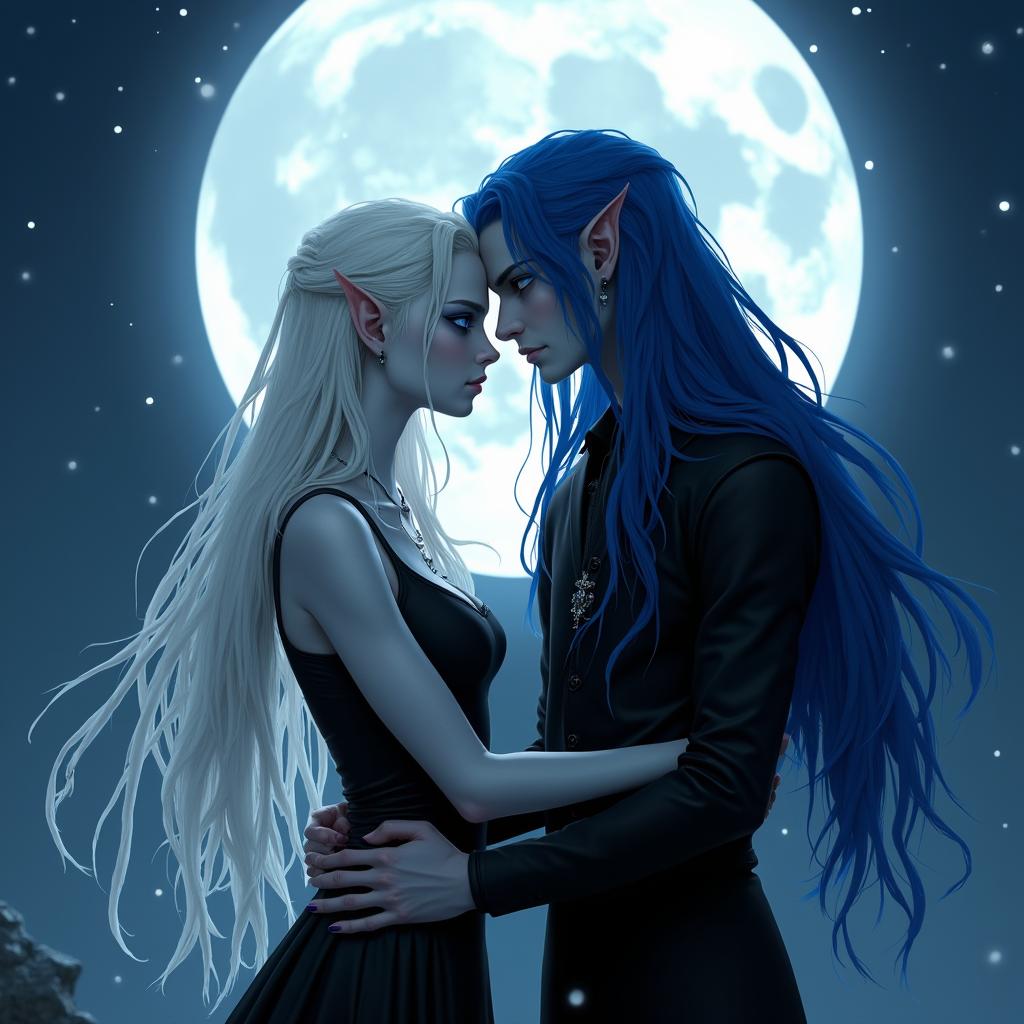 A female elf with stunning white dreadlocks and vibrant blue eyes, her skin as white as the moon, clad in sleek black clothes, standing gracefully under the glow of a full moon