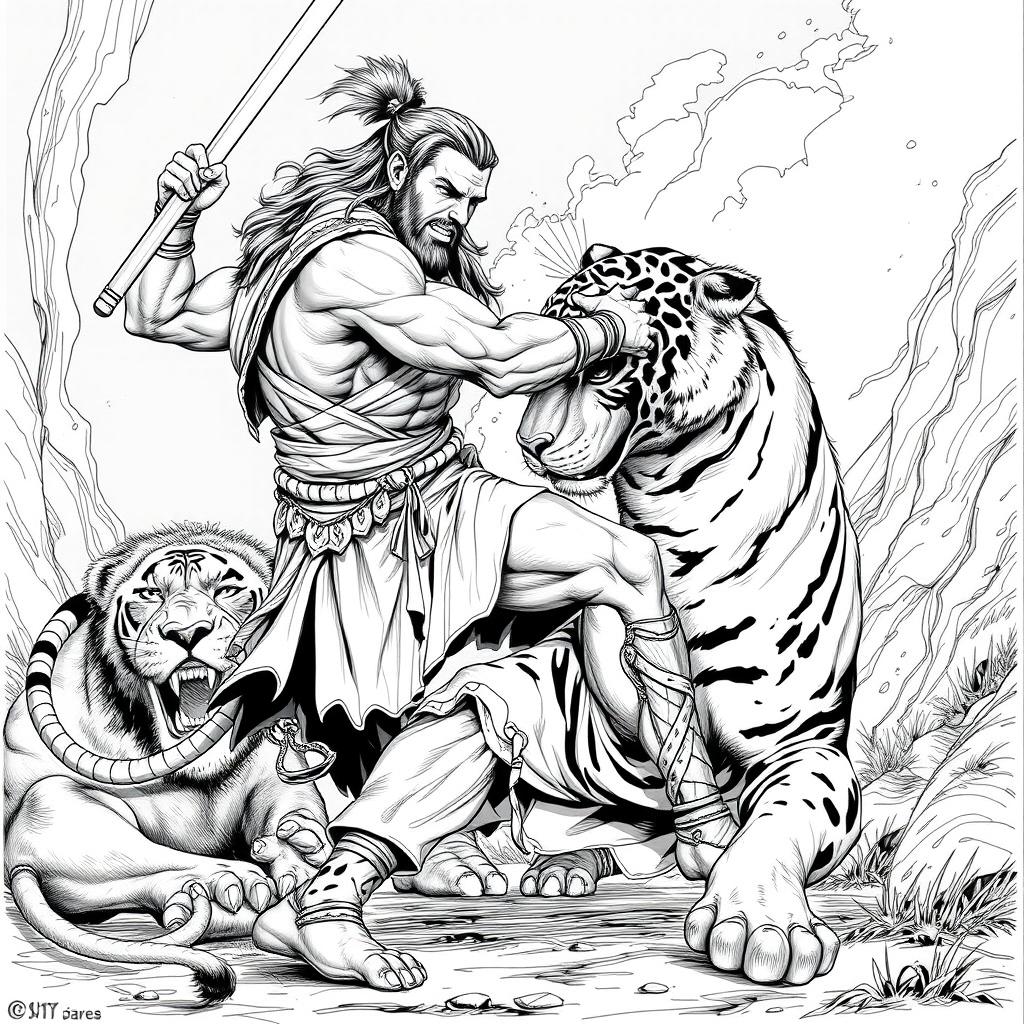 A muscular warrior dressed in ancient-style clothing, engaged in an intense wrestling match with a fierce tiger, showcasing full body visibility of both figures