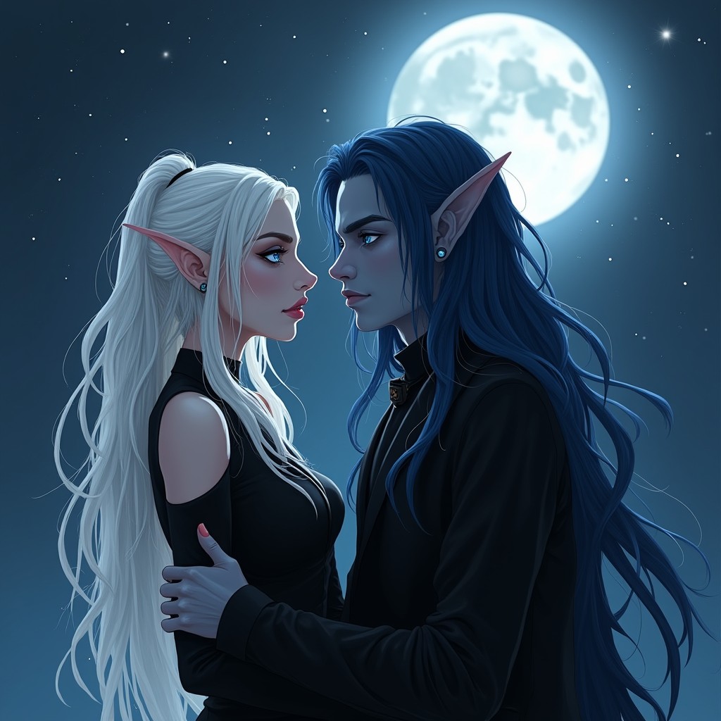 A female elf with beautiful white dreadlocks and striking blue eyes, her skin as white as the moon, dressed in elegant black clothing, standing gracefully under the soft glow of a full moon