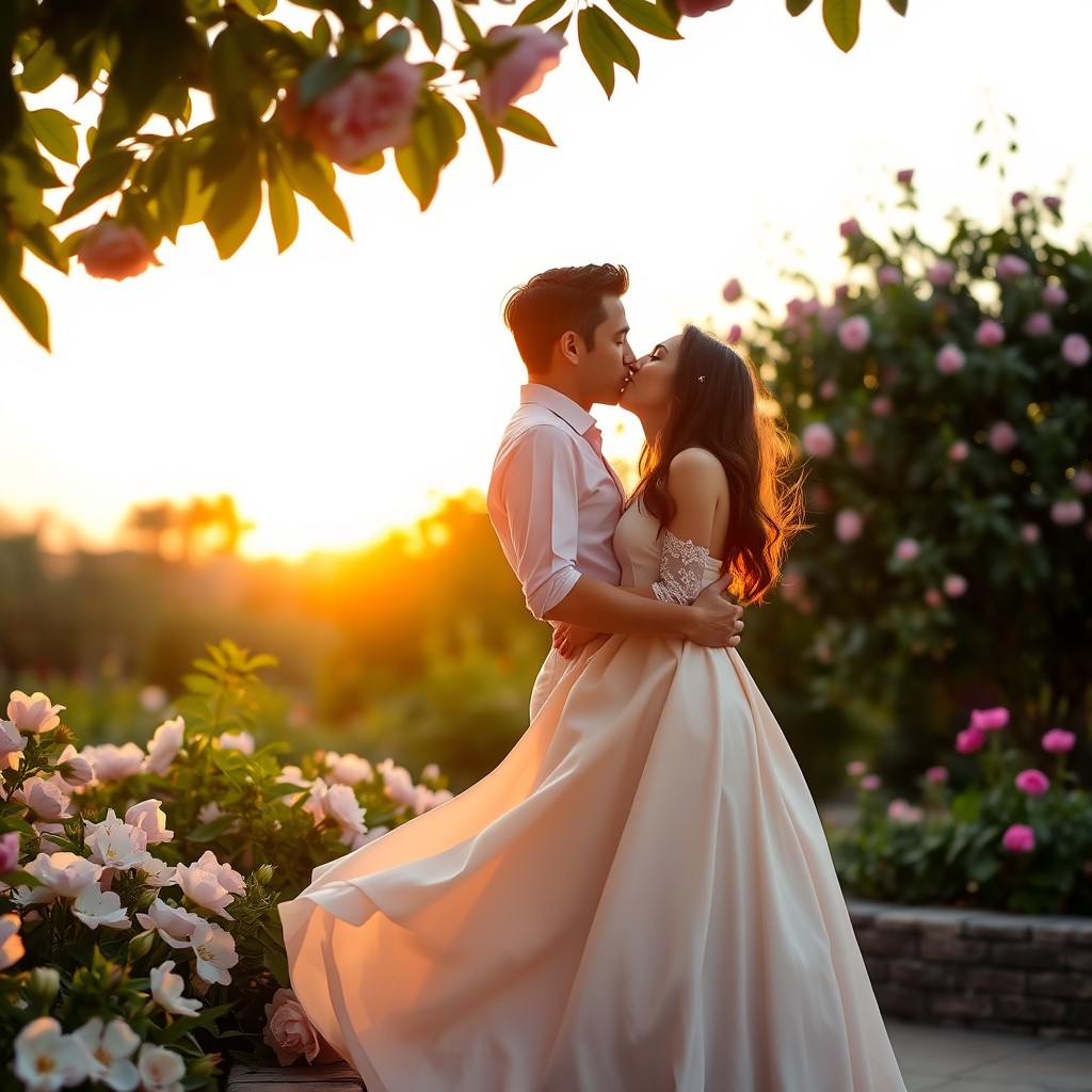 A romantic scene featuring a couple kissing passionately in a beautiful outdoor setting, surrounded by blooming flowers and lush greenery