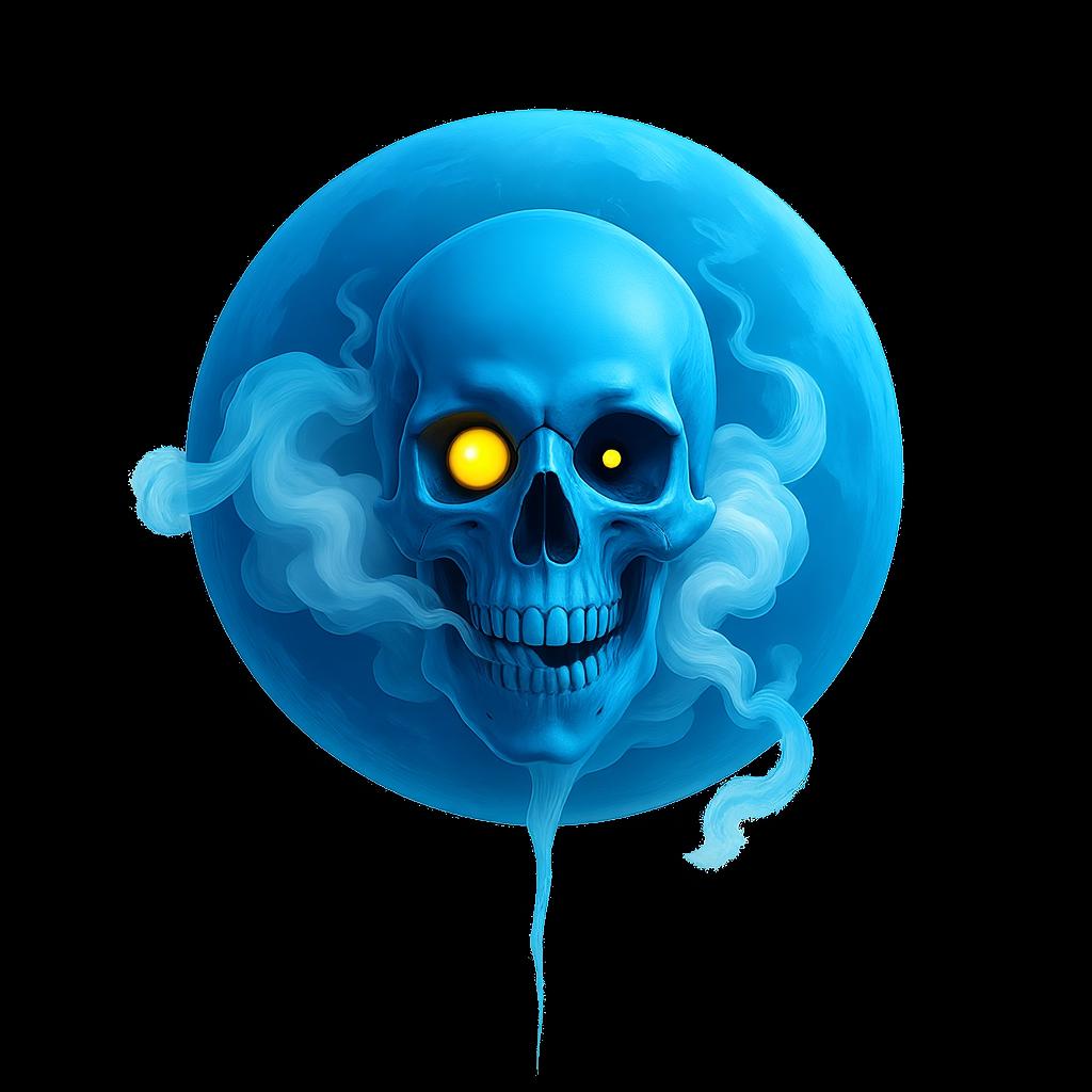 A hyper-realistic glowing skull with bright yellow eyes, surrounded by swirling ethereal blue smoke