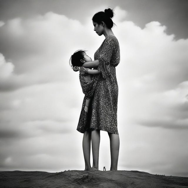 Engaging image of an extremely tall giantess tenderly carrying a tiny person in her hand. Her delicate hold is a stark contrast to her immense size.