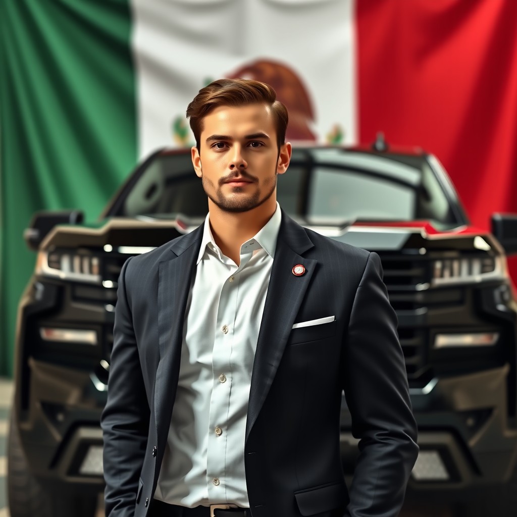 A dressed-up individual wearing a well-fitted suit, standing confidently in front of a sleek 2025 black Chevrolet Silverado Trail Boss