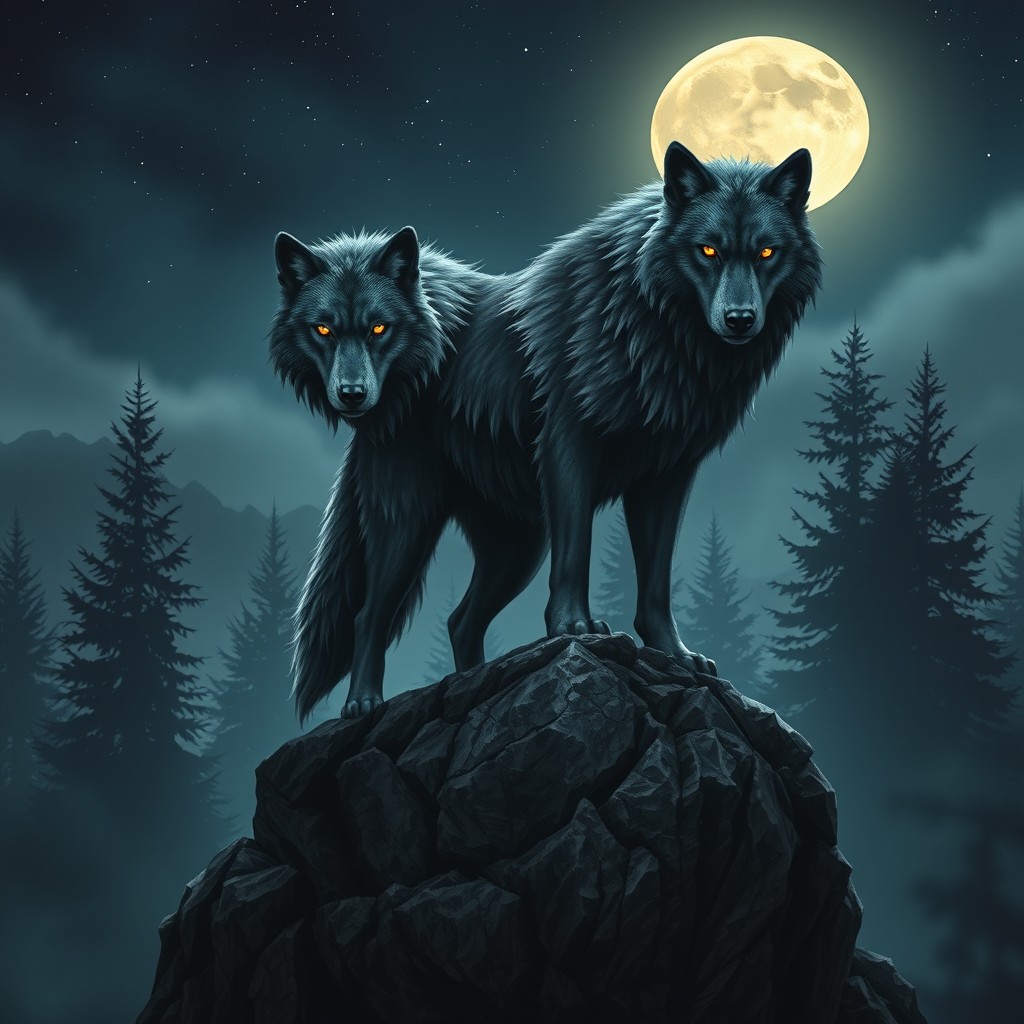 A majestic Fenrir wolf, a mythical creature known for its size and power, stands atop a rocky cliff under a full moon