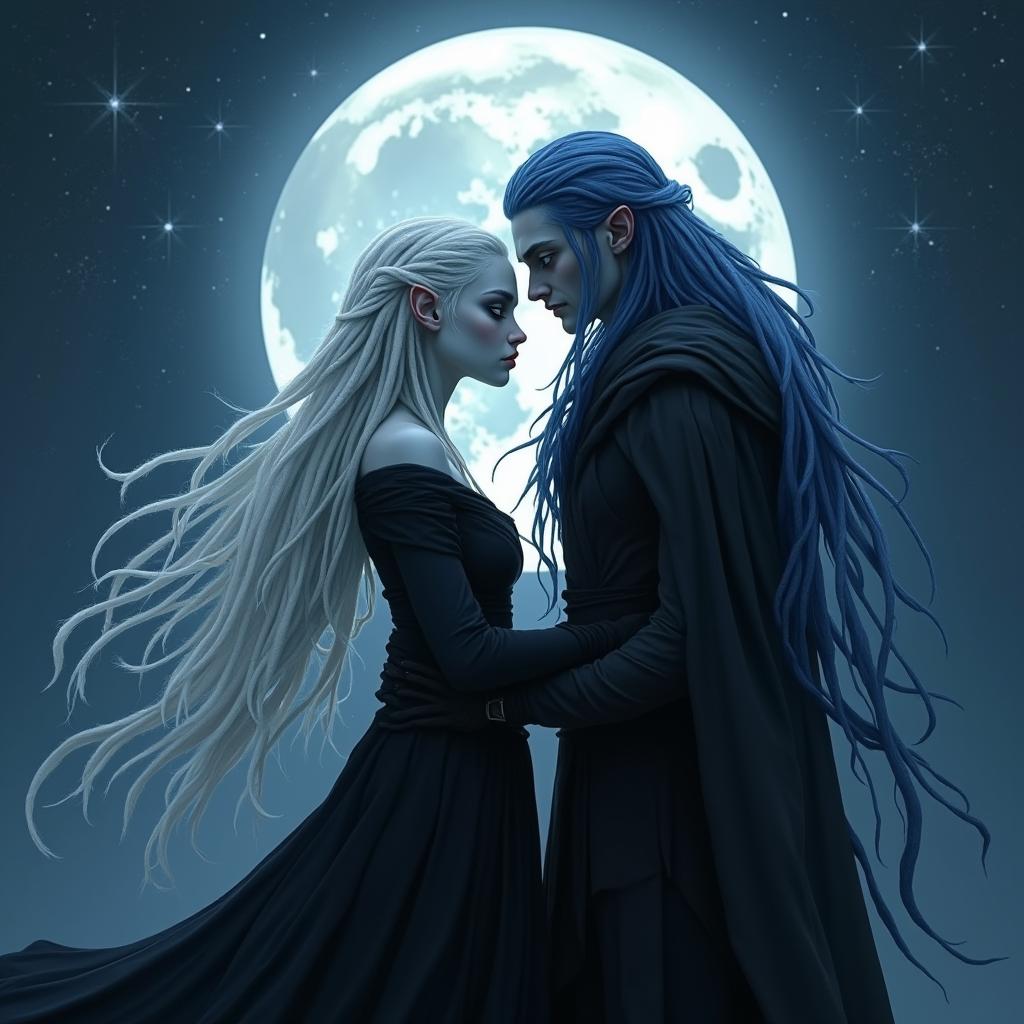 A young female elf with stunning white dreadlocks and colorless eyes, her skin as pure and white as the moon, wearing elegant black clothing that flows gracefully around her
