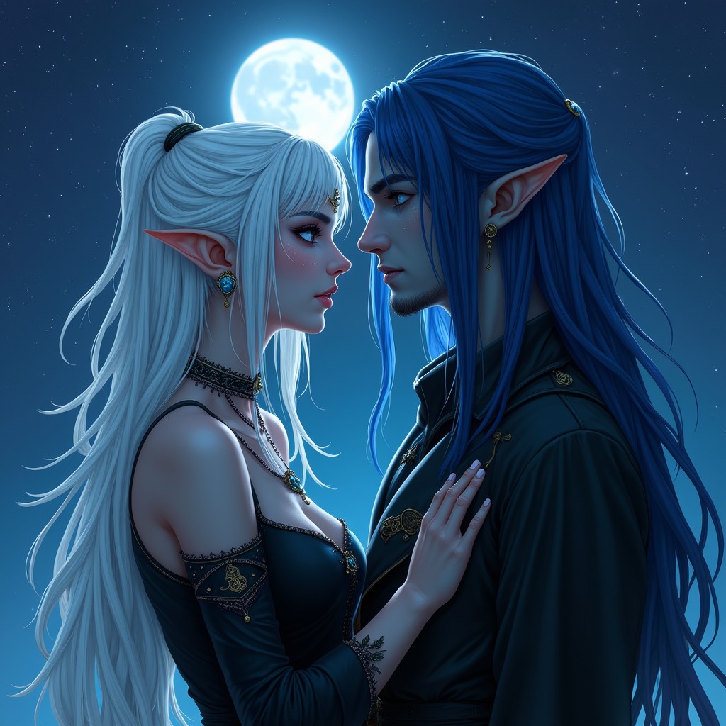 A beautiful female elf with striking white dreadlocks and mesmerizing blue eyes, her skin as pale as the moon, dressed in graceful black clothing, stands under a starry night sky