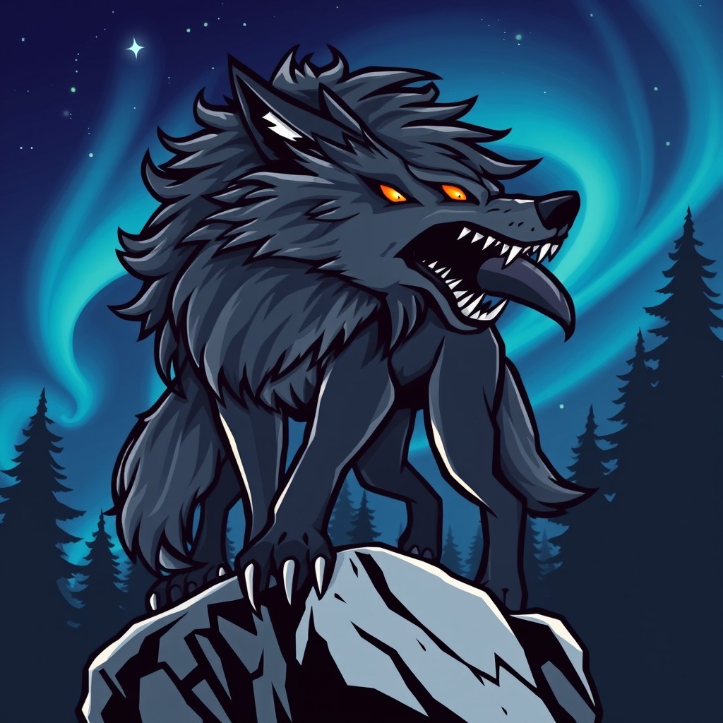 A stylized clip art representation of a Fenrir wolf, featuring exaggerated, mythical proportions