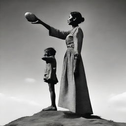 Engaging image of an extremely tall giantess tenderly carrying a tiny person in her hand. Her delicate hold is a stark contrast to her immense size.