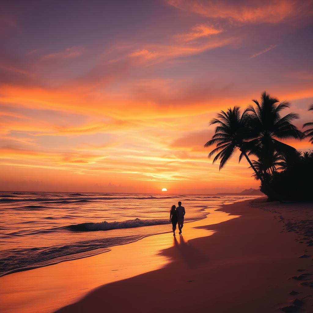 A beautiful sunset over a serene beach, with golden sands and gentle waves lapping at the shore