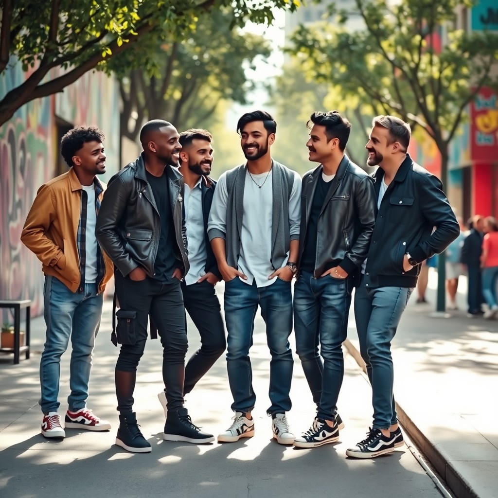 A dynamic scene depicting a group of men positioned on the right side of the frame, showcasing diverse styles and personalities