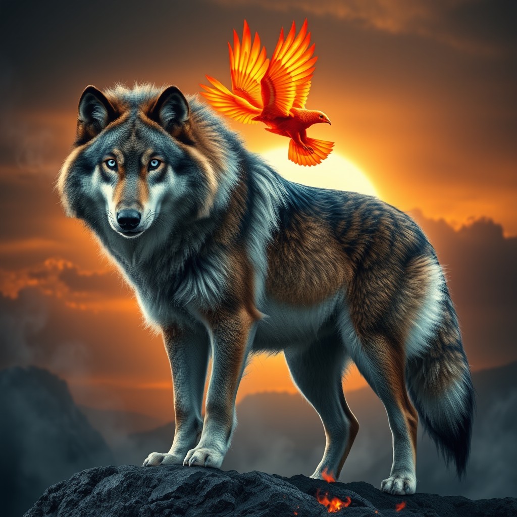 A majestic Fennir wolf, known for its thick, lustrous fur, with shades of deep brown and silver glinting in the light