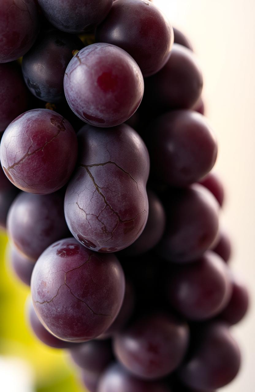 A close-up view of a bunch of ripe grapes, with intricate veins growing through the grapes, creating a visually striking contrast between the deep purple color of the grapes and the delicate, organic veins