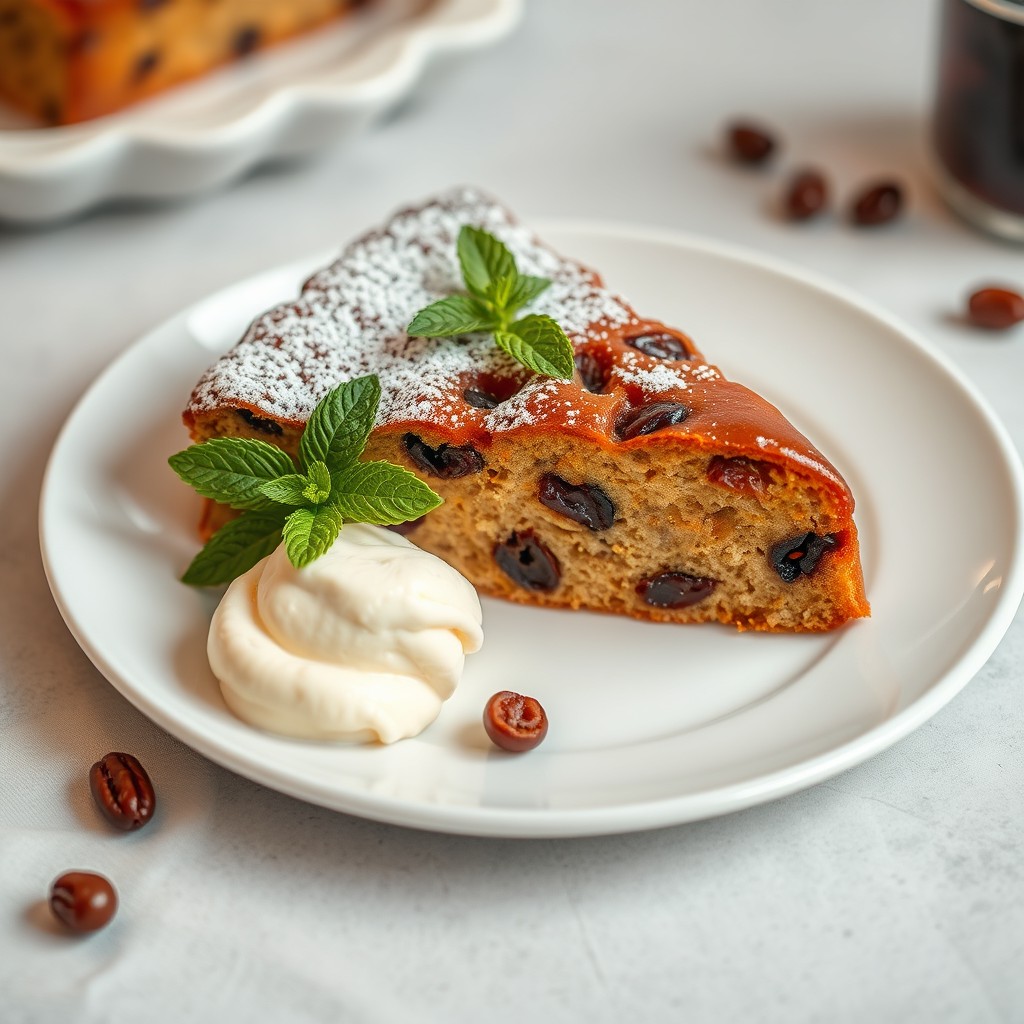 A complete display of a slice of rich raisin cake (bizcocho de pasas) artfully arranged on a white plate