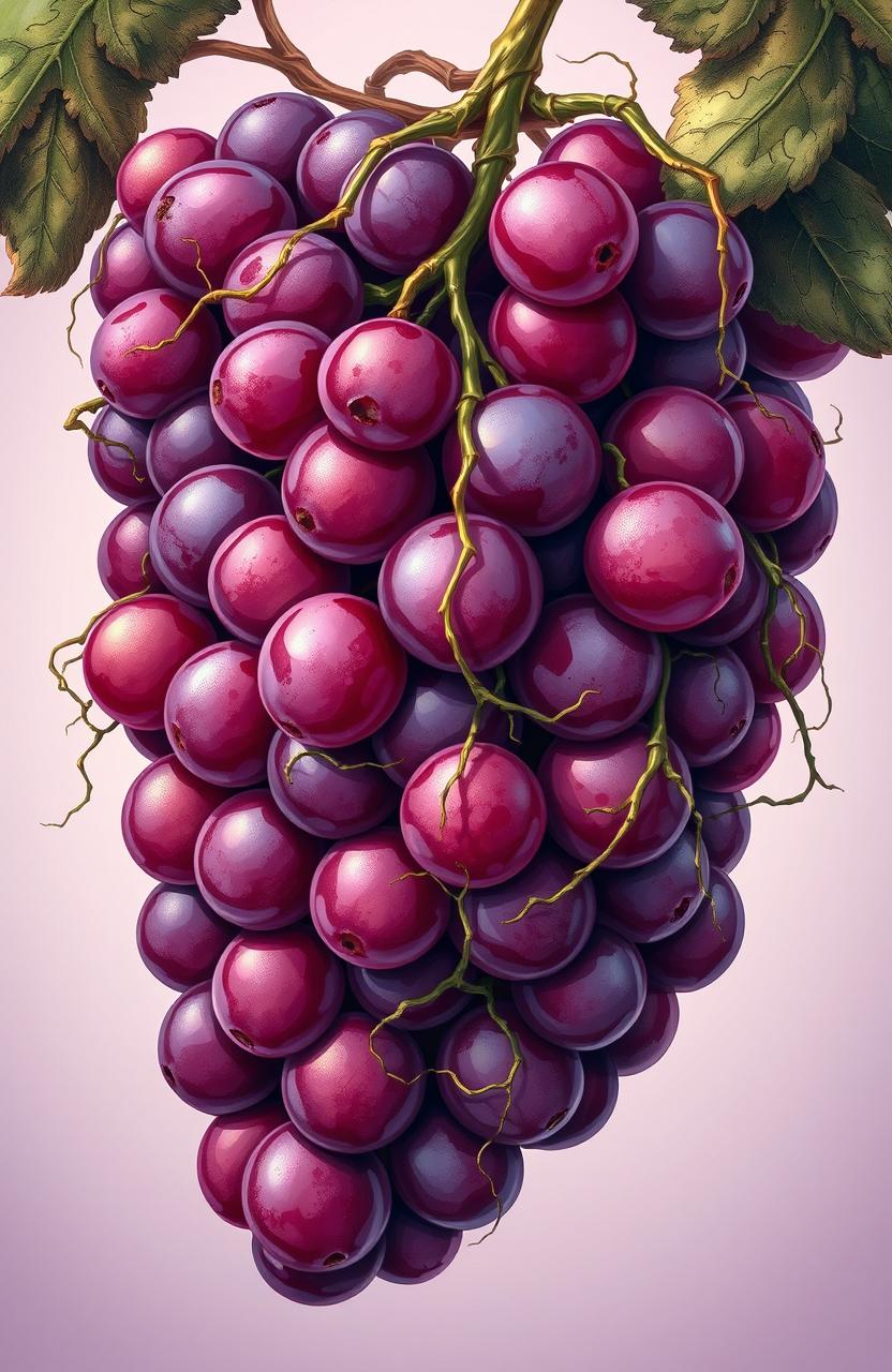 A highly detailed and vivid illustration of a bunch of grapes, showcasing rich colors and textures typical of ripe grapes