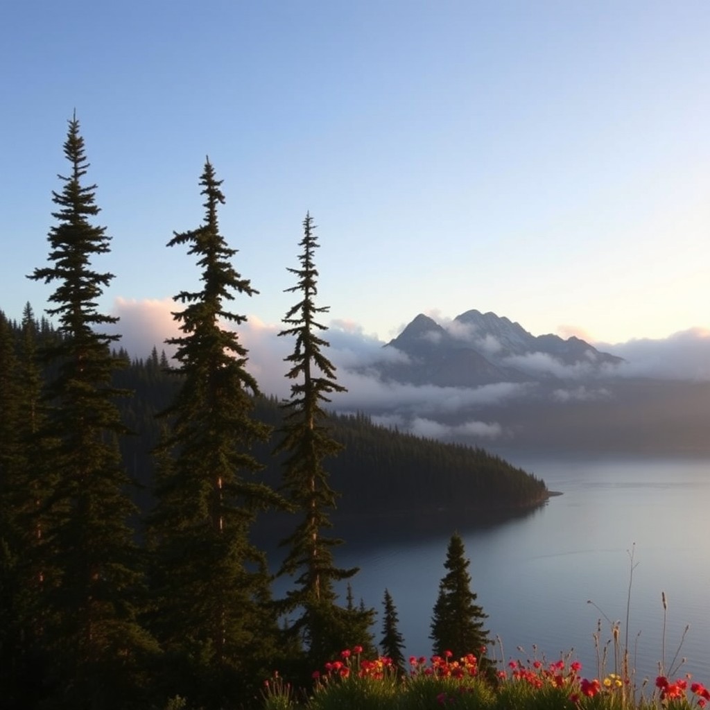 A serene mountain landscape at sunrise, with a clear blue sky and soft, fluffy clouds