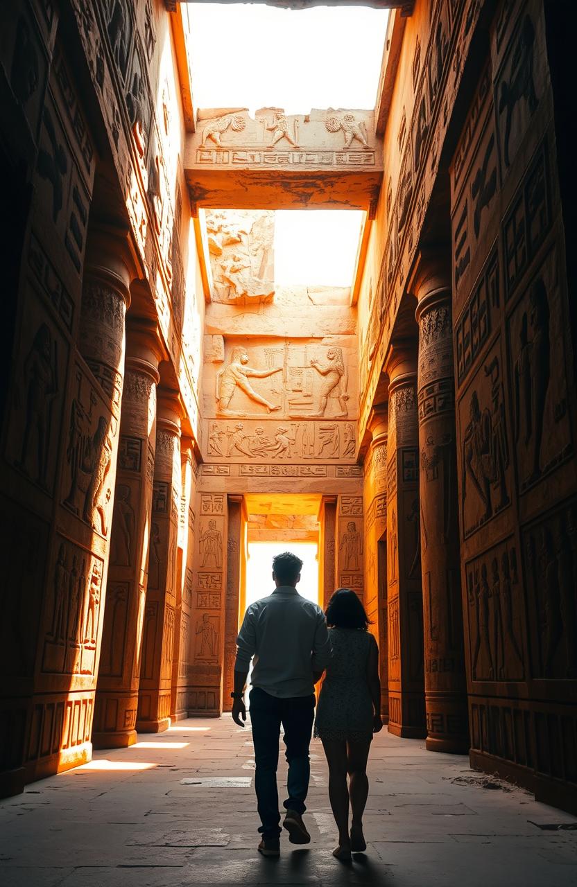 A captivating scene depicting one or two individuals walking away from the viewer, their backs turned, as they stroll through the enchanting interiors of an ancient Egyptian temple