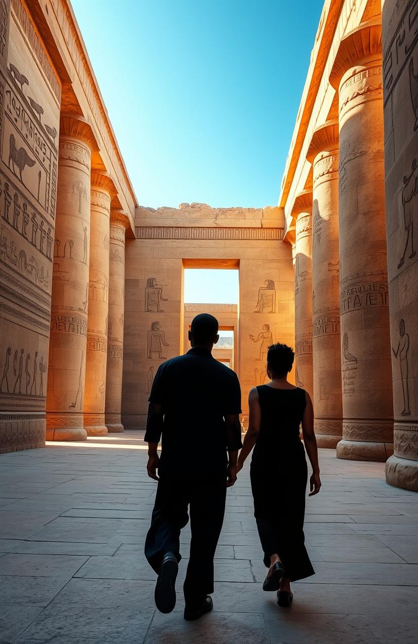 A serene scene depicting two black individuals, their backs turned, walking away from the viewer