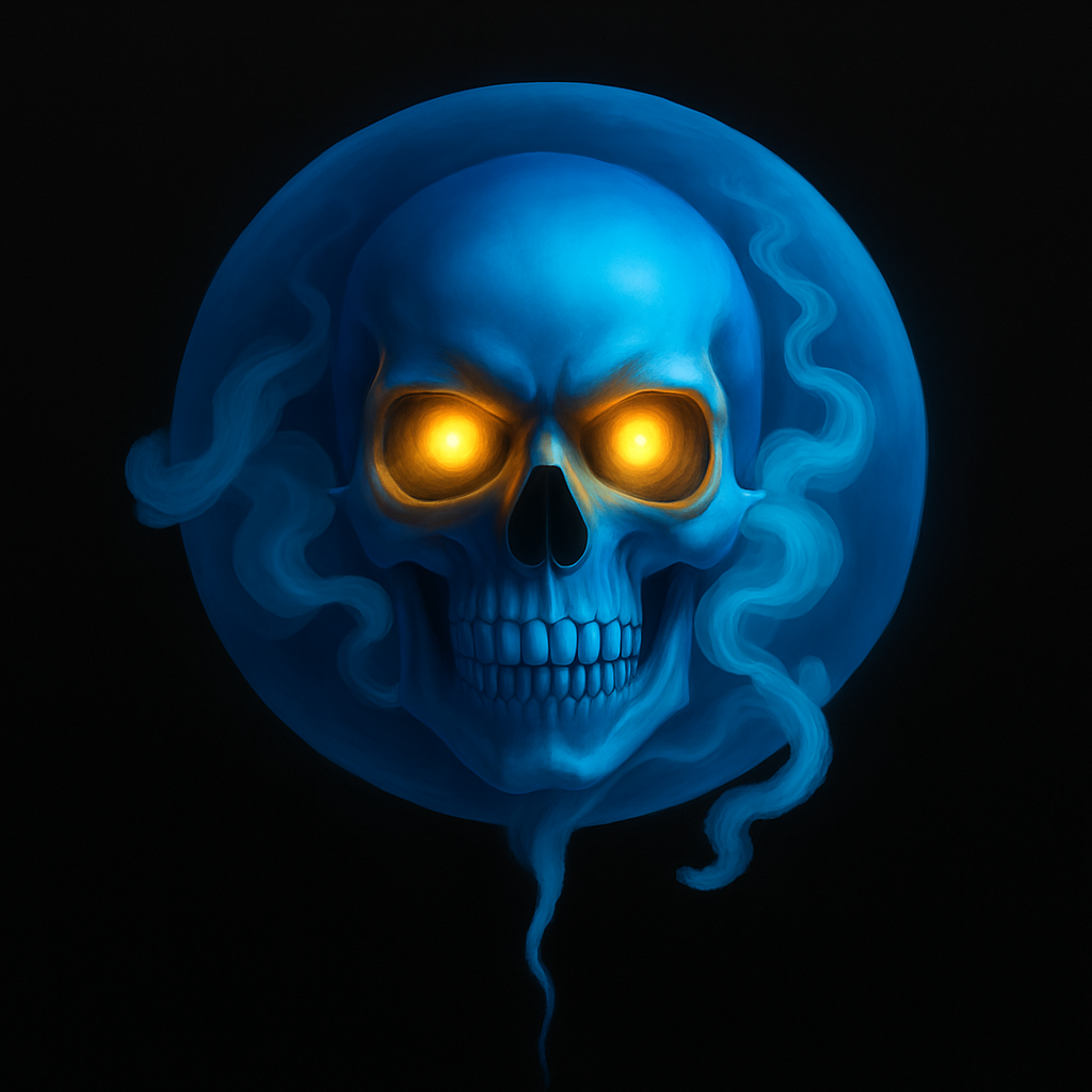 A surreal and eerie blue skull with creepy glowing yellow eyes, surrounded by swirling mist