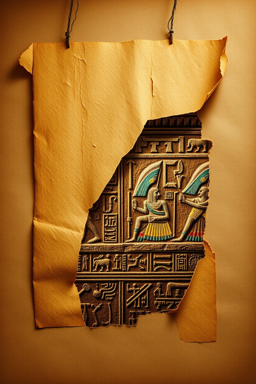 A torn papyrus scroll revealing ancient temple wall art beneath, showcasing intricate hieroglyphics and vivid colors