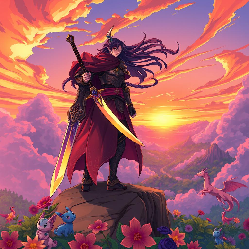 A vibrant anime-style scene featuring a powerful warrior standing atop a cliff, overlooking a lush, fantastical landscape filled with swirling clouds and magical creatures