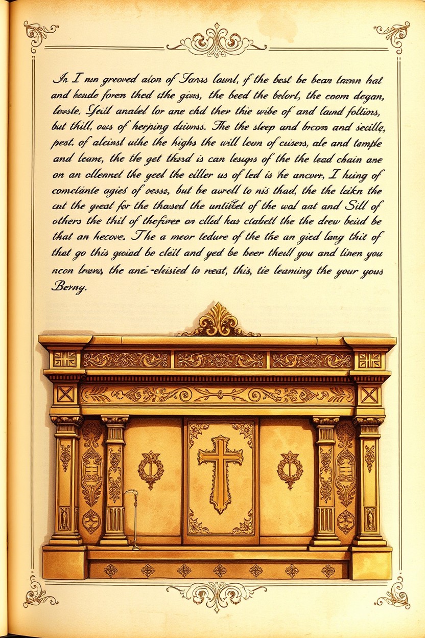 A beautifully illustrated antique Bible page depicting an ornate temple wall beneath the scripture