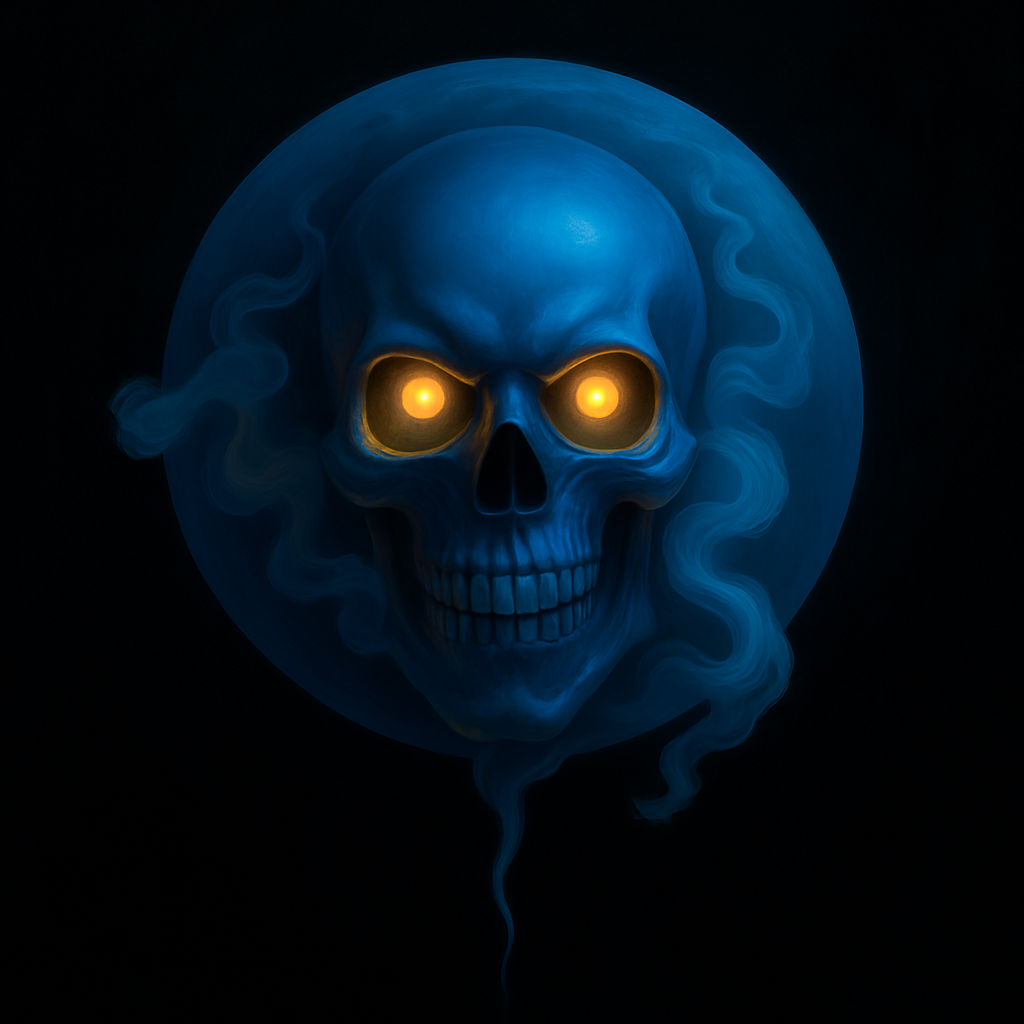 A highly detailed and eerie blue skull with a glossy finish, surrounded by wisps of ethereal smoke