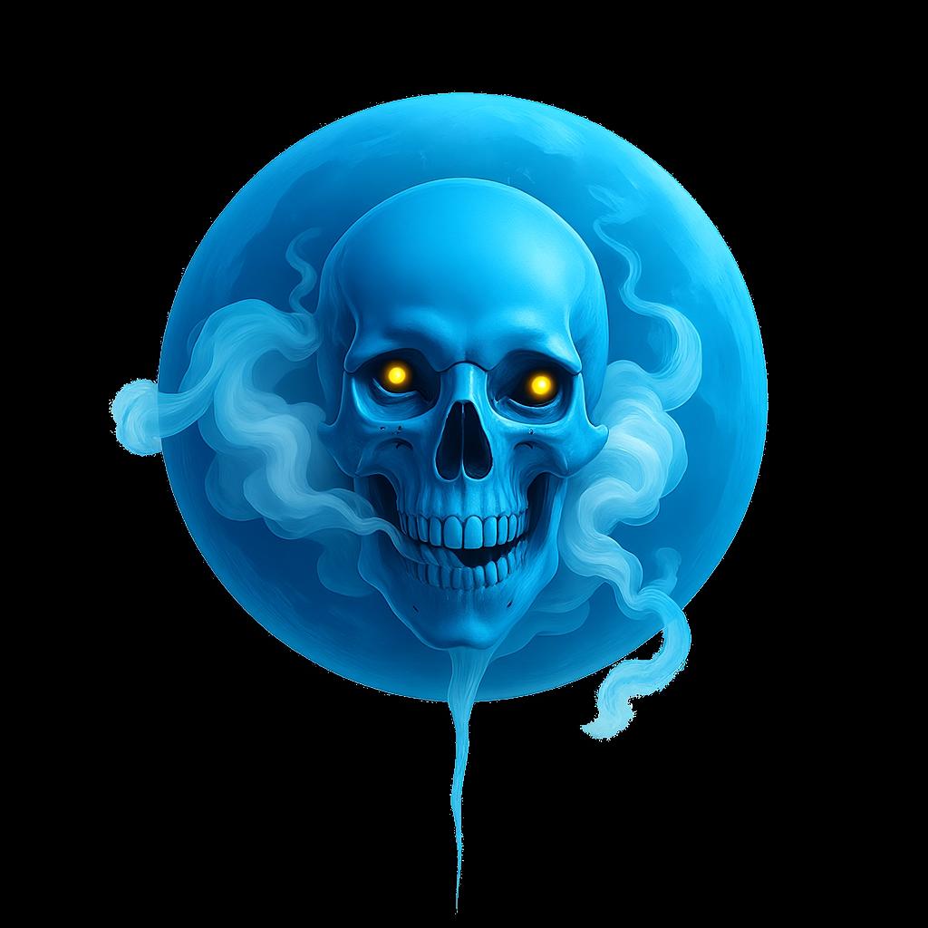 A blue skull with creepy glowing yellow eyes, surrounded by swirling smoke, with a transparent background