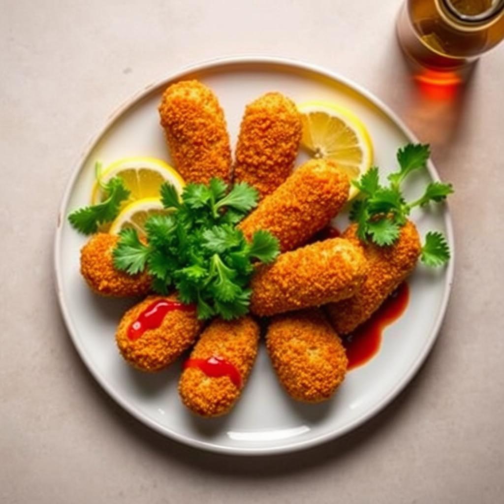 A complete display of several breaded chorizo sausages arranged beautifully on a round plate