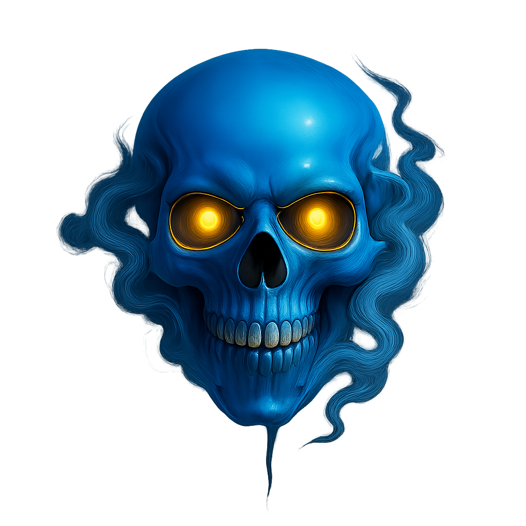 A detailed and eerie skull with glowing yellow eyes, surrounded by swirling, ethereal smoke