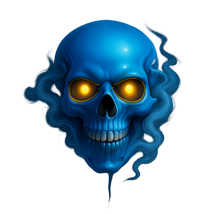 A detailed and eerie skull with glowing yellow eyes, surrounded by swirling, ethereal smoke