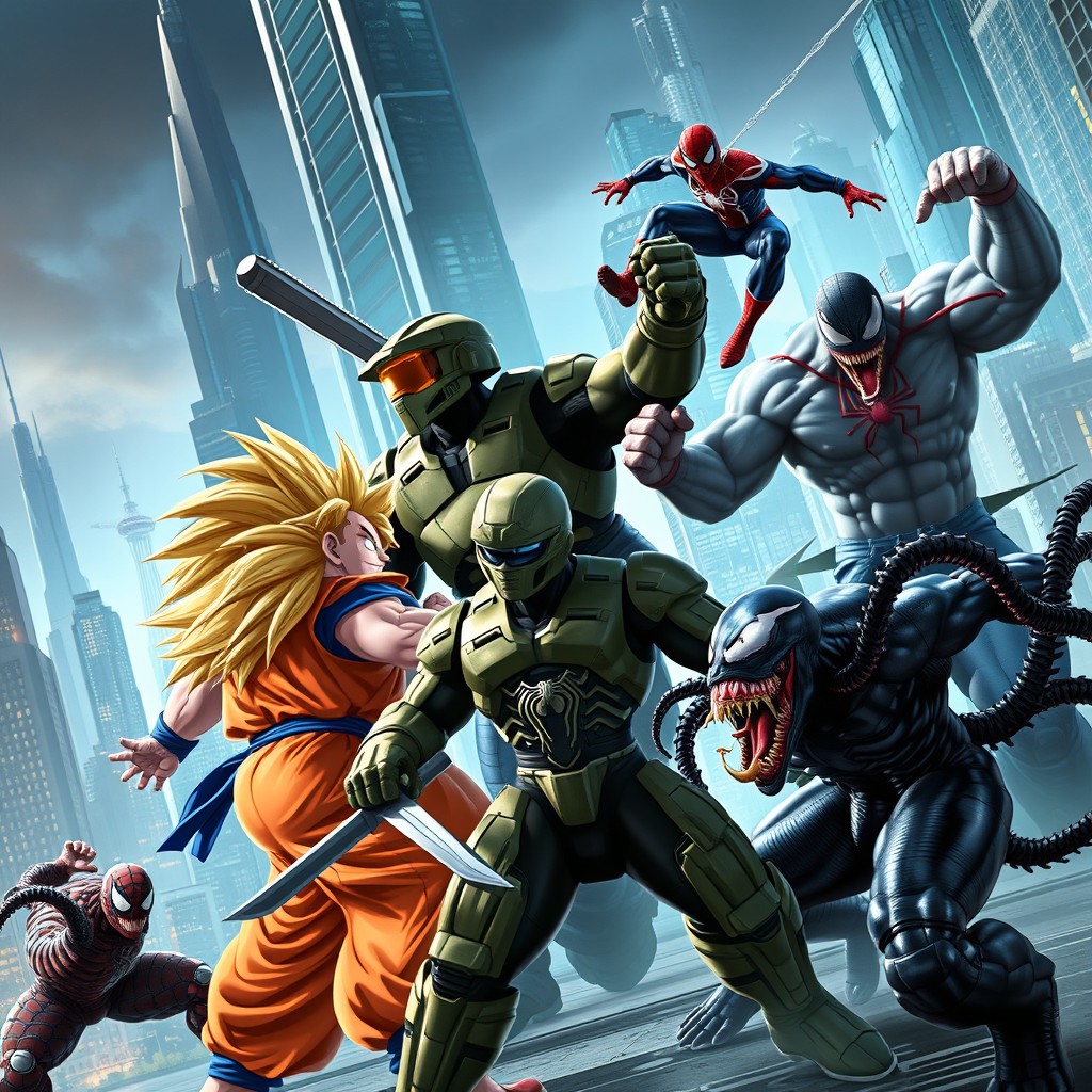An epic crossover scene featuring Goku in his Super Saiyan form, Master Chief from Halo, Ronin Falslander, Venom, and the Hulk in gray