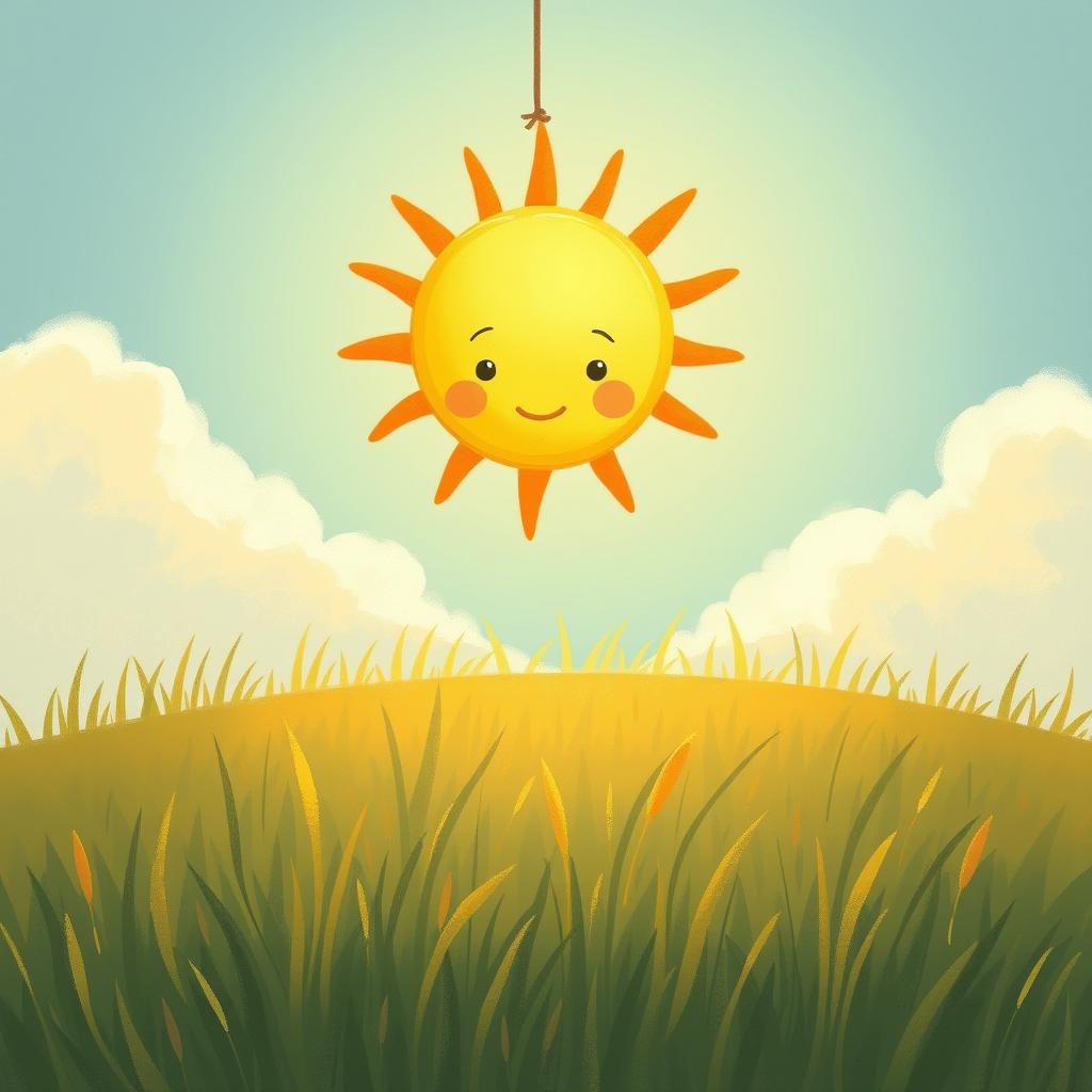 A cute, blazing sun radiating warmth, hanging brightly in the sky