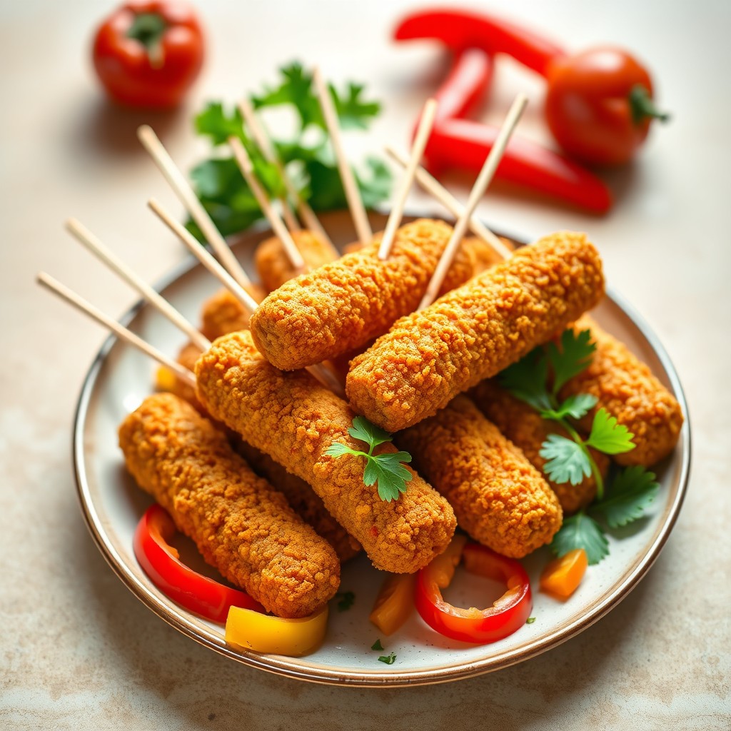 A complete display of several breaded chorizo sausages skewered with small Chinese sticks, beautifully arranged on a round plate